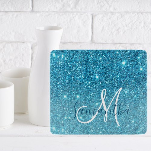 Modern Blue Glitter Sparkles Personalized Name Cutting Board