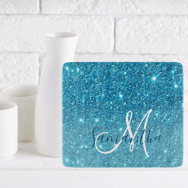 Modern Blue Glitter Sparkles Personalized Name Cutting Board (Creator Uploaded)