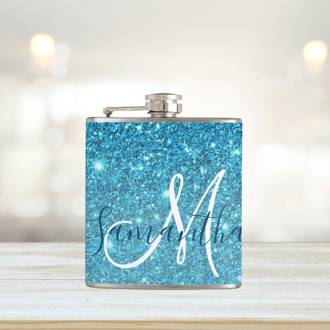 Modern Blue Glitter Sparkles Personalized Name Flask (Creator Uploaded)