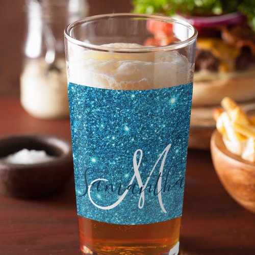 Modern Blue Glitter Sparkles Personalized Name Glass