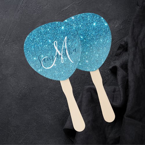 Modern Blue Glitter Sparkles Personalized Name Hand Fan