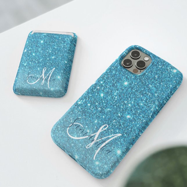 Modern Blue Glitter Sparkles Personalized Name iPhone Case