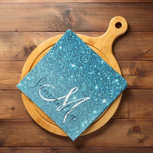 Modern Blue Glitter Sparkles Personalized Name Kitchen Towel