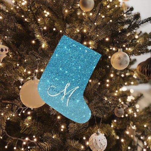 Modern Blue Glitter Sparkles Personalized Name Large Christmas Stocking