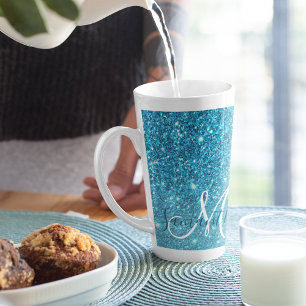 Modern Blue Glitter Sparkles Personalized Name Latte Mug