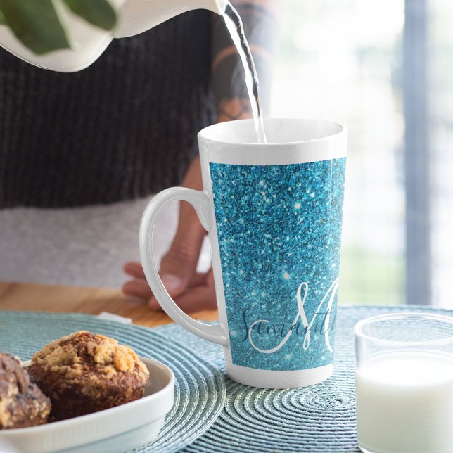 Modern Blue Glitter Sparkles Personalized Name Latte Mug (Creator Uploaded)