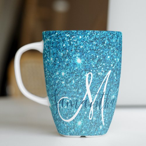 Modern Blue Glitter Sparkles Personalized Name Latte Mug