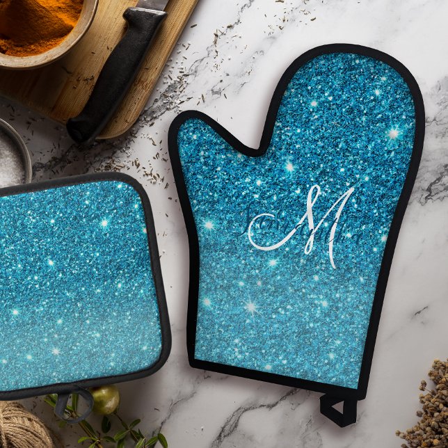 Modern Blue Glitter Sparkles Personalized Name Oven Mitt & Pot Holder Set (Creator Uploaded)