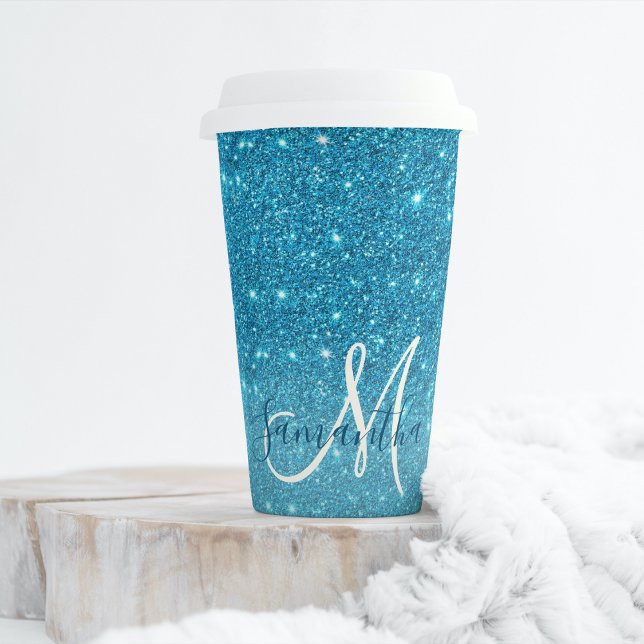 Modern Blue Glitter Sparkles Personalized Name Paper Cups (Creator Uploaded)