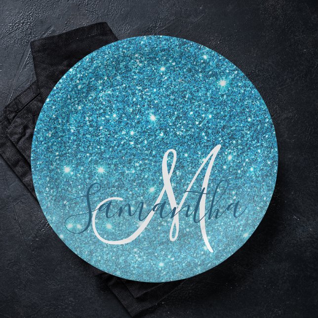 Modern Blue Glitter Sparkles Personalized Name Paper Plates (Creator Uploaded)