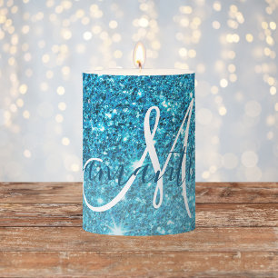 Modern Blue Glitter Sparkles Personalized Name Pillar Candle