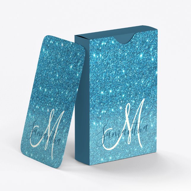 Modern Blue Glitter Sparkles Personalized Name Poker Cards (Creator Uploaded)