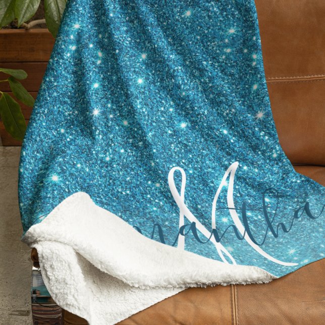 Modern Blue Glitter Sparkles Personalized Name Sherpa Blanket (Creator Uploaded)
