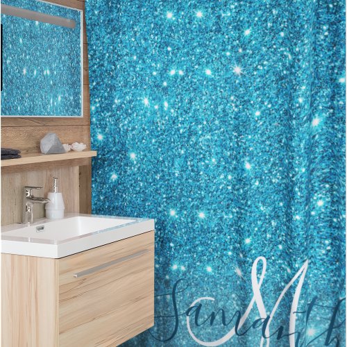 Modern Blue Glitter Sparkles Personalized Name Shower Curtain