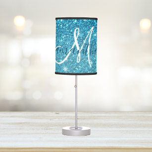 Modern Blue Glitter Sparkles Personalized Name Table Lamp