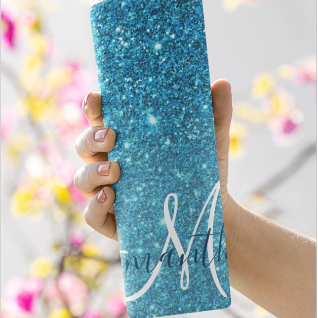 Modern Blue Glitter Sparkles Personalized Name Thermal Tumbler