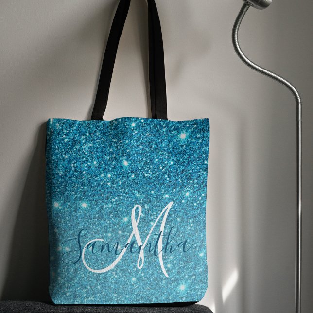 Modern Blue Glitter Sparkles Personalized Name Tote Bag (Creator Uploaded)