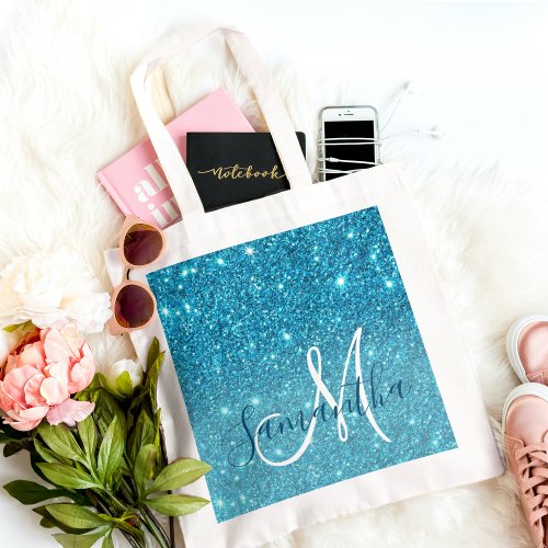 Modern Blue Glitter Sparkles Personalized Name Tote Bag