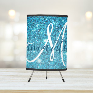 Modern Blue Glitter Sparkles Personalized Name Tripod Lamp