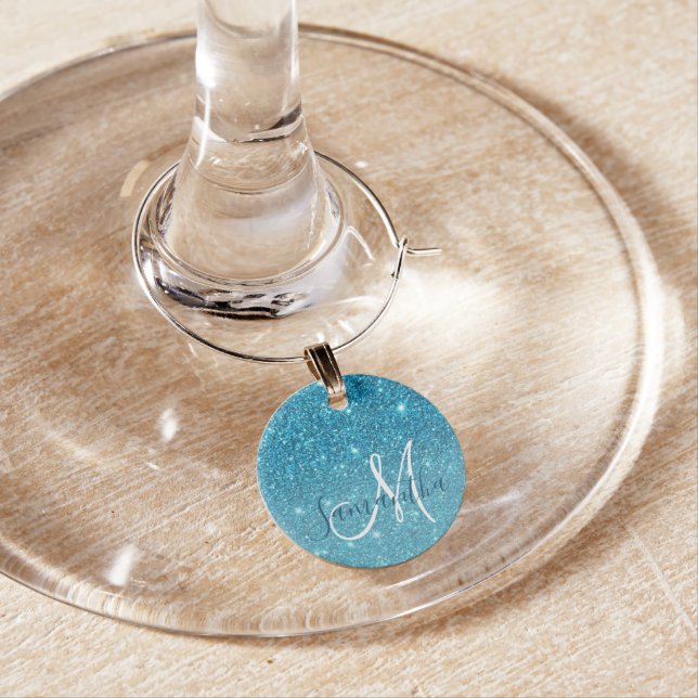 Modern Blue Glitter Sparkles Personalized Name Wine Charm (In Situ)