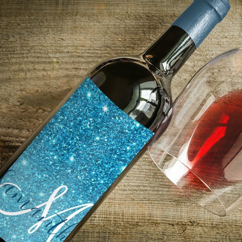 Modern Blue Glitter Sparkles Personalized Name Wine Label