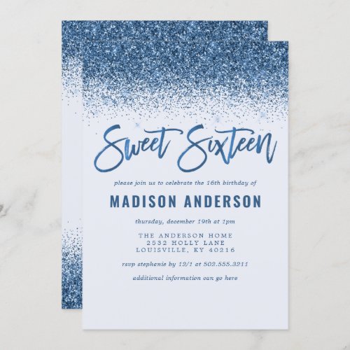 Modern Blue Glitter Sweet 16 Birthday Party Invitation