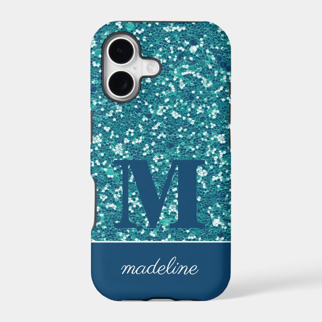 Modern Blue Glittery Personalized iPhone Case (Back)