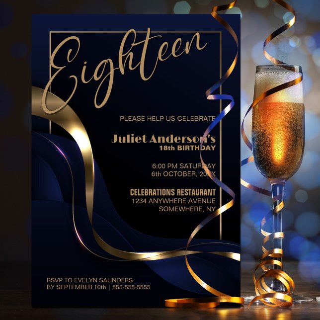Modern Blue Gold 18th Birthday Party Invitation (Creator Uploaded)