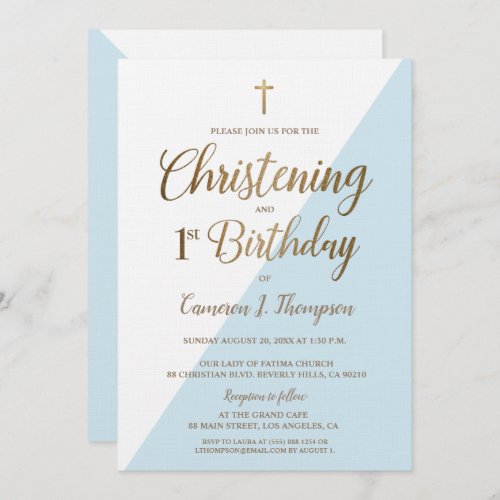 Modern Blue Gold 1st Birthday Christening Invitation