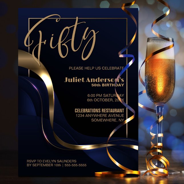 Modern Blue Gold 50th Birthday Party Invitation (Creator Uploaded)