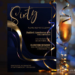 Modern Blue Gold 60th Birthday Party Invitation<br><div class="desc">Celebrate your milestone 60th birthday in style with our chic and sophisticated blue party invitation. With its customizable text, you can personalize the invitation. This invitation features a fine gold frame that encloses the text, adding a touch of luxury to your special occasion. The gold and blue abstract wavy ribbon...</div>