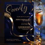 Modern Blue Gold 70th Birthday Party Invitation<br><div class="desc">Celebrate your milestone 70th birthday in style with our chic and sophisticated blue party invitation. With its customizable text, you can personalize the invitation. This invitation features a fine gold frame that encloses the text, adding a touch of luxury to your special occasion. The gold and blue abstract wavy ribbon...</div>