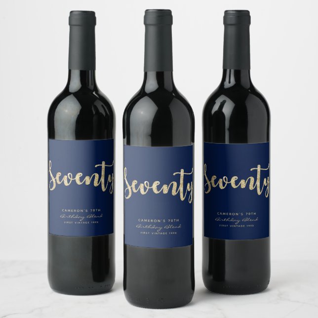 Modern Blue & Gold 70th Birthday Personalized Wine Label (Bottles)