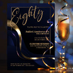 Modern Blue Gold 80th Birthday Party Invitation<br><div class="desc">Celebrate your milestone 80th birthday in style with our chic and sophisticated blue party invitation. With its customizable text, you can personalize the invitation. This invitation features a fine gold frame that encloses the text, adding a touch of luxury to your special occasion. The gold and blue abstract wavy ribbon...</div>