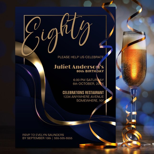 Modern Blue Gold 80th Birthday Party Invitation (Creator Uploaded)