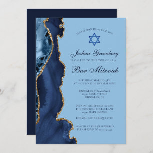 Modern Blue Gold Agate Bar Mitzvah Party Invitation