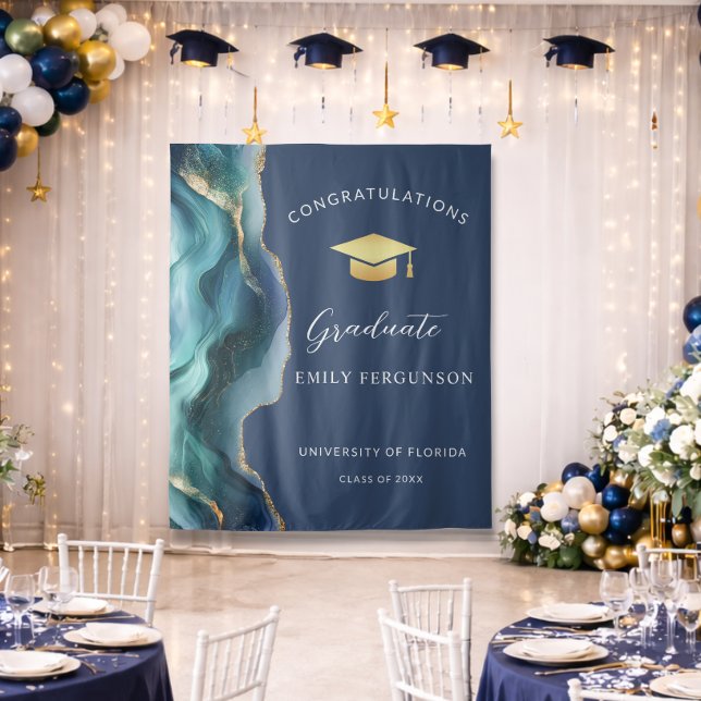 Modern Blue & Gold Agate Graduate Backdrop (Modern Blue and gold Congratulations graduate backdrop)