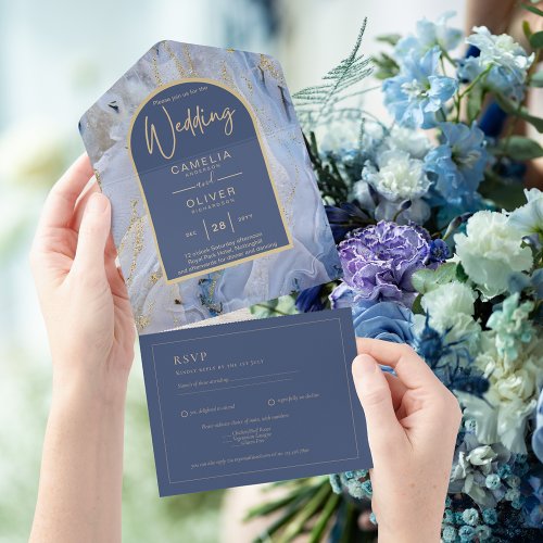 Modern Blue Gold Agate Marble Arch Wedding All In One Invitation