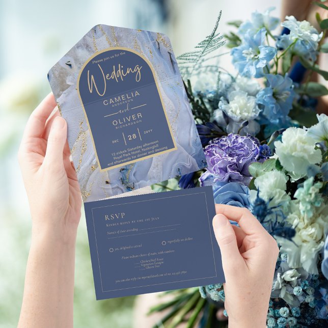 Modern Blue Gold Agate Marble Arch Wedding All In One Invitation (Creator Uploaded)