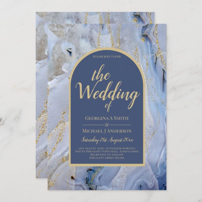 Modern Blue Gold Agate Marble Arch Wedding Invitation (Front/Back)