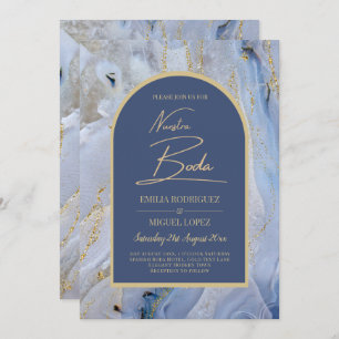 Modern Blue Gold Agate Marble Arch Wedding Invitation