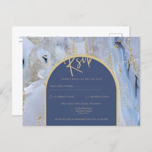 Modern Blue Gold Agate Marble Arch Wedding Postcard