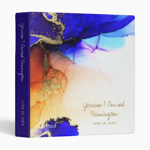 Modern Blue Gold Alcohol Ink Wedding 3 Ring Binder