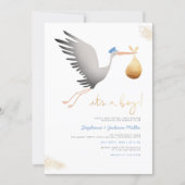 Modern Blue & Gold Baby Boy Stork Baby Shower Invitation (Front)