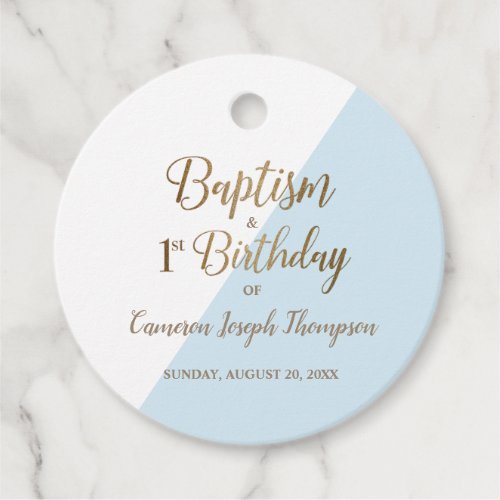 Modern Blue Gold Baptism 1st Birthday boy Favor Tags