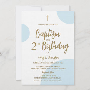 Modern Blue & Gold Baptism and Second Birthday Invitation