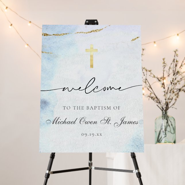 Modern Blue Gold | Baptism Christening Welcome Foam Board (In Situ (Stand))