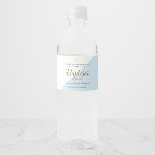 Modern Blue Gold Baptism Script Thank You Water Bottle Label