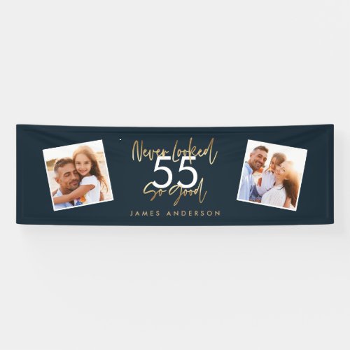 Modern blue gold birthday simple elegant script banner