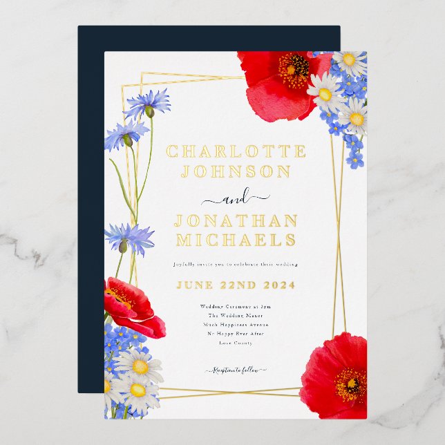 Modern Blue Gold Botanical Geometric Wedding Foil Invitation (Front/Back)